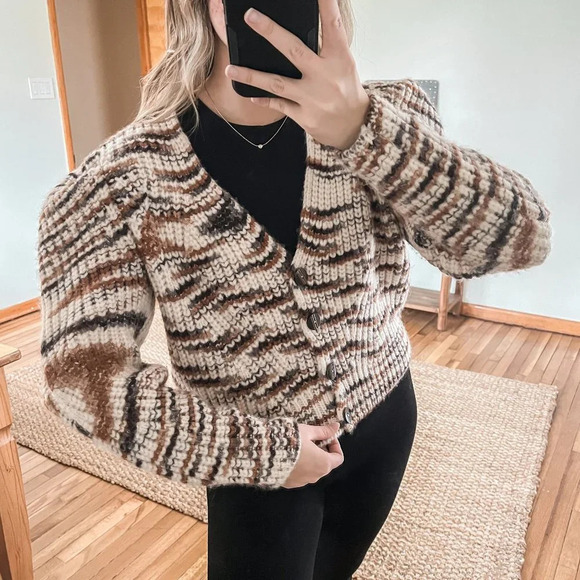Ulla Johnson Greta Marled Alpaca Puff Sleeve Knit Striped Cardigan Sweater Small - Picture 2 of 14